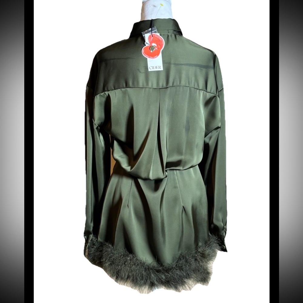 Cider Green Satin Dress with Fur Trim - Picture 4 of 8